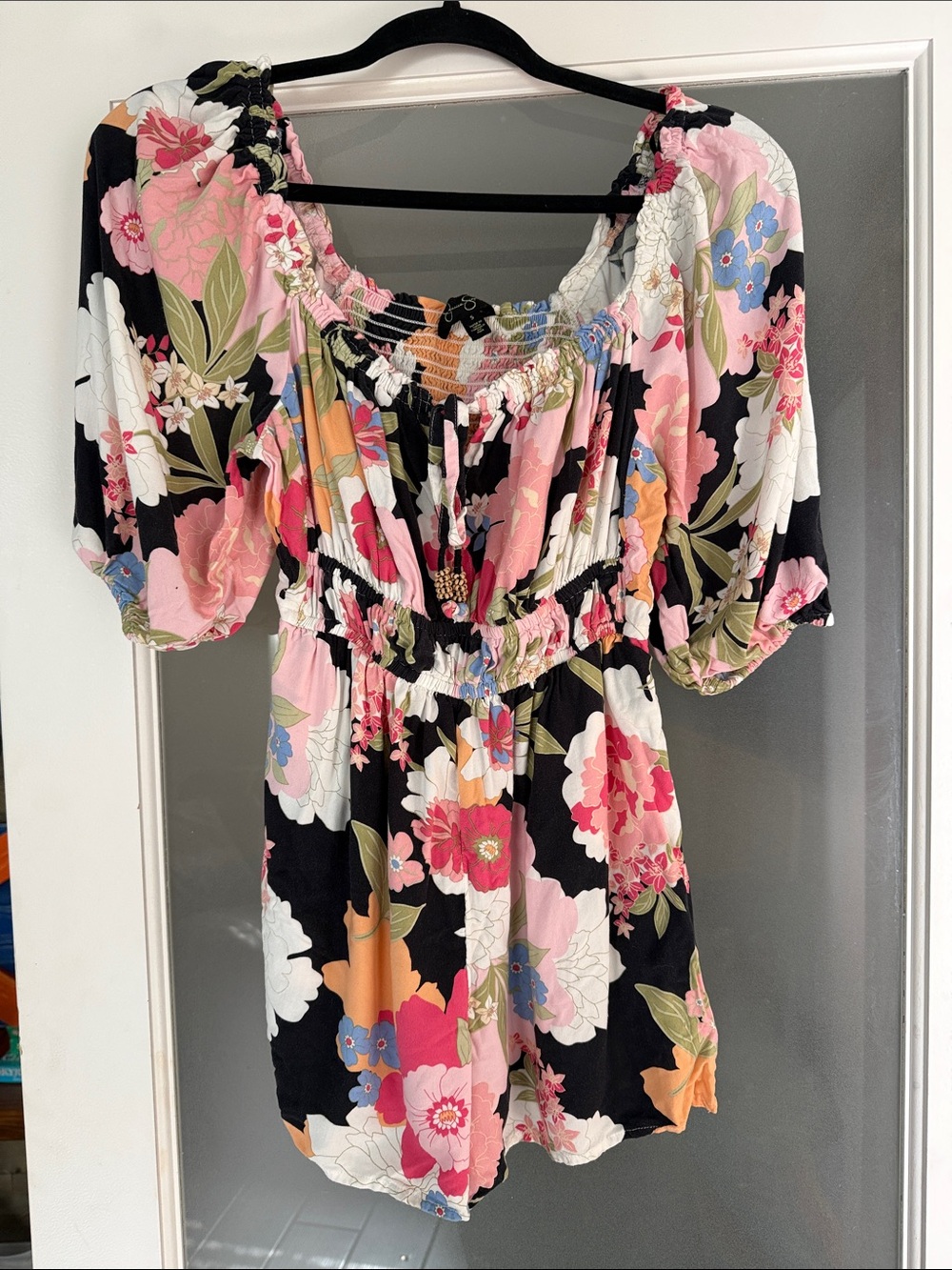 Jessica Simpson Black Floral Peasant Romper with Pink, White and Green Accents